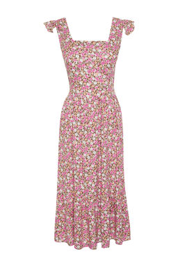 Lila Cicek Desenli Kare Yaka A Kesim Viskon Midi Dokuma Elbise TWOSS20EL3331