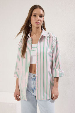 TRENDYOLMILLA Pembe Cizgili Pamuklu Kumas Oversize Genis Kal?p Gomlek TWOSS25GO00107  фото 2
