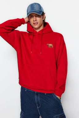 TRENDYOL MAN Gri Oversize/Genis Kesim Kapusonlu Hayvan Nak?sl? Ici Polarl? Sweatshirt TMNAW24SW00097 - Trendyolmilla фото 9