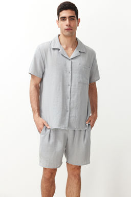 Gri Regular Fit Gomlek Yaka Dokuma Sortlu Pijama Tak?m? TMNSS24PT00022 - Trendyolmilla фото 2