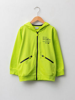 Kap??onlu Bask?l? Uzun Kollu Erkek ?ocuk Fermuarl? Sweatshirt