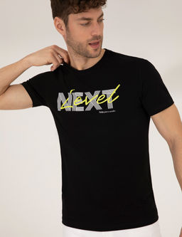 Siyah Slim Fit Bask_l_ Bisiklet Yaka Ti__rt
