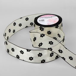 Лента капроновая Цветы, с бархатным тиснением, 25 мм 9,1 0,5 м, цвет бежевый/чёрный