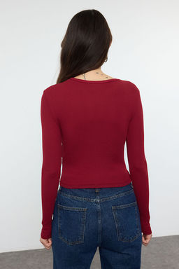 Ekru-Bordo li Paket Vucuda Oturan Bisiklet Yaka Fitilli Crop Esnek Orme Bluz TWOAW22BZ0331