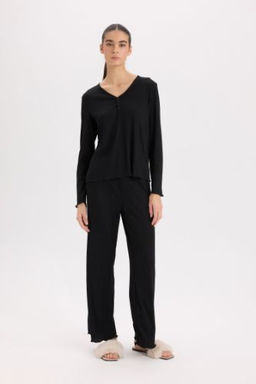 Fall in Love Pijama Tak?m? V Yaka Dugmeli Ribana Uzun Kollu Ust Beli Lastikli Genis Paca Alt