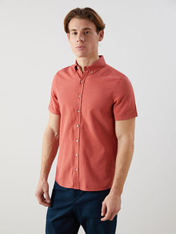 Slim Fit K?sa Kollu Keten Kar???ml? Erkek G?mlek