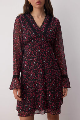 Bordo Cicekli Aksesuar Detayl? K?sa / Mini Astarl? Sifon Dokuma Elbise TWOAW26EL00084