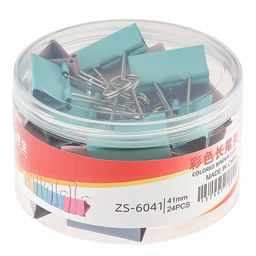 Зажим для бумаги 41мм металл, цвет - цветные, набор 24 штуки, в пластиковой банке д11,6см h7см (Китай)