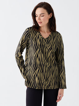 V Yaka Desenli Uzun Kollu Kad?n Bluz