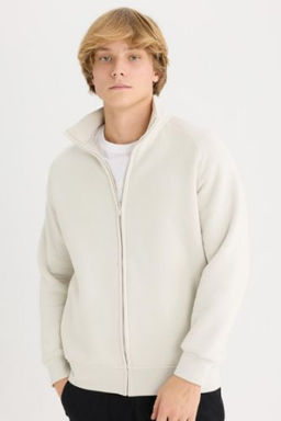 Boxy Fit Dik Yaka Bask?l? Ici Yumusak Tuylu Fermuarl? Sweatshirt