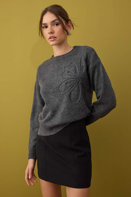 Antrasit Yumusak Dokulu Cicek Desen Islmeli Triko Kazak TWOAW26KZ00110
