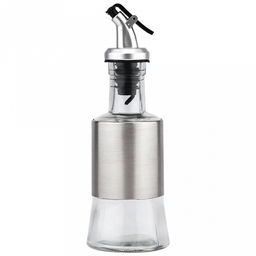 Бутылка для масла стеклянная "В юбке" "Аликанте" 200мл, д6,5см, h15см, д/горла 2см, пластмассовый дозатор под "хром", оплетка из нержавеющей стали, д/основания 6см, в цветной коробке (Китай)