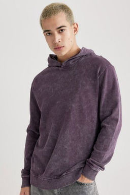Regular Fit Kapusonlu Y?kamal? Soluk Efektli Basic Duz Sweatshirt
