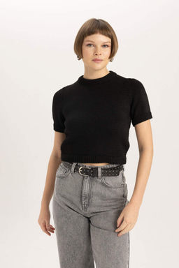 Приталенный свитер с круглым вырезом и короткими рукавами - Defacto фото 4