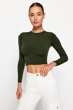 Trendyolmilla Bordo Dik Yaka Fitted/Vucuda Oturan Uzun Kol Buzgulu Esnek Orme Bluz TWOAW23EL01391  фото 3