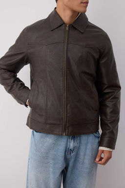 Kahverengi Regular Fit %100 PU Suni Deri Erkek Mont TMNAW26MO00010 - Trendyolmilla фото 3