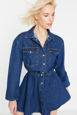 Lacivert A-Kesim Beli Lastikli Denim K?sa S?k Mezuniyet Elbisesi TPRAW23EL00420 - Trendyolmilla фото 4