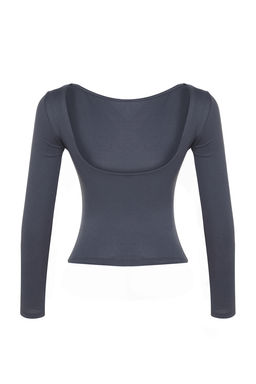 Antrasit Pamuklu S?rt Dekolteli Fitted/Vucuda Oturan Esnek Bluz TWOAW24BZ00160