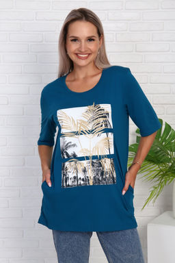 Футболка удлиненная с рисунком листья пальмы, Арт. 786