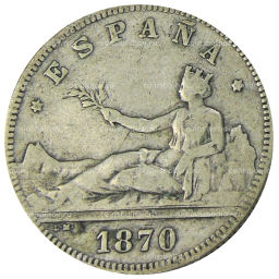 Монета 2 песеты 1870 года Испания