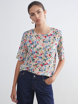 Bisiklet Yaka ?i?ekli Kad?n Ti??rt