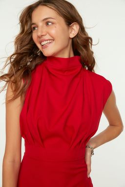 TRENDYOLMILLA Bordo Vucuda Oturan Dik Yaka Midi Kalem Etek Dokuma Elbise TWOAW20EL0311  фото 22