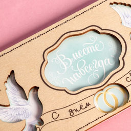 Цена за 3 шт. Конверт для денег с деревянным элементом "С Днём Свадьбы!" голуби, 16,5 х 8 см