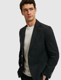 Siyah Slim Fit %100 Keten Mikro Desen Mono Yaka Ceket