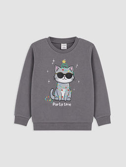 Bask?l? K?z ?ocuk Kal?n Sweatshirt