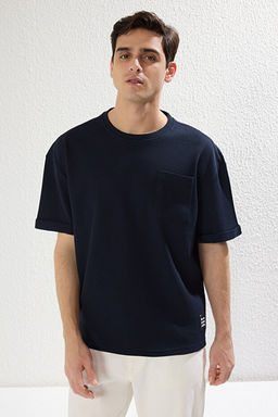 Basic Lacivert Relaxed/Rahat Kesim Dokulu Waffle Cepli Etiketli K_sa Kol T-Shirt TMNSS23TS00077