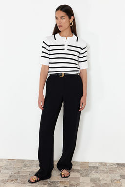 Ekru Premium Kalite Polo Yaka Cizgili Triko Kazak TWOSS24KZ00048