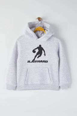 Gri Melanj Erkek Cocuk Pamuklu Bask?l? Kapusonlu Regular Orme Sweatshirt TKDAW26SW00033