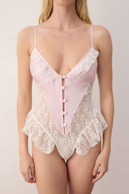Beyaz-Pembe Dantel ve Saten Birliktelikli F?rf?rl? Kaps?z Fantezi Body THMAW26BD00003