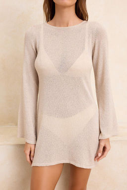 Bej Triko S?rt Detayl? Super Mini Plaj Elbisesi TBESS26EL00008