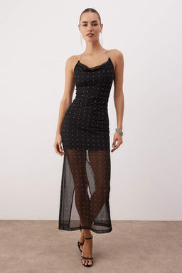 Siyah Duz Tas Bask?l? V Yaka Tul Maxi Astarl? Elbise TPRAW26EL00067 - Trendyolmilla фото 2