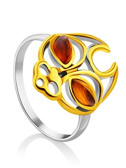 Необычное оригинальное кольцо Кошка из серебра с позолотой и янтаря