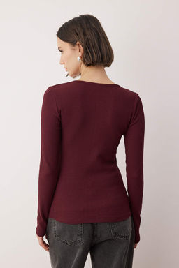 Bordo C?tc?tl? Fitted/Vucuda Oturan Fitilli Esnek Orme Bluz TWOAW25BZ00080