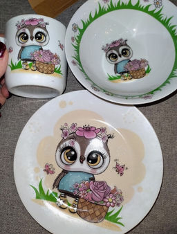 Набор детский 3пр Цветочная сова (тарелка 17,5см, салатник 15см, кружка 230мл)под/уп C640# DANIKS