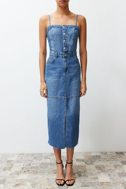 TRENDYOLMILLA Mavi Y?rtmacl? Dikis Detayl? Ask?l? Maxi Denim Elbise TWOSS24EL00544  фото 4