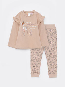 Bisiklet Yaka Uzun Kollu Bambi Bask?l? Organik Pamuklu K?z Bebek Sweatshirt ve Pantolon 2li Tak?m