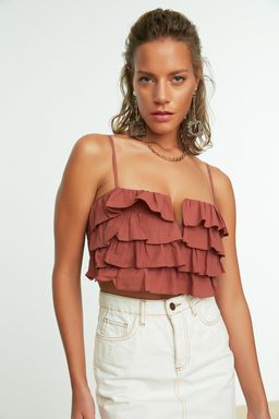 Trendyolmilla Beyaz Crop Dokuma Flaml? Pamuk F?rf?rl? Plaj Bluz TBESS21BZ0661  фото 6