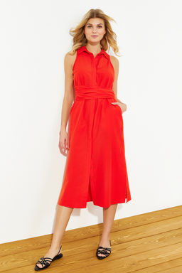 K?rm?z? Kusakl? Midi Dokuma Gomlek Elbise TWOSS24EL00152