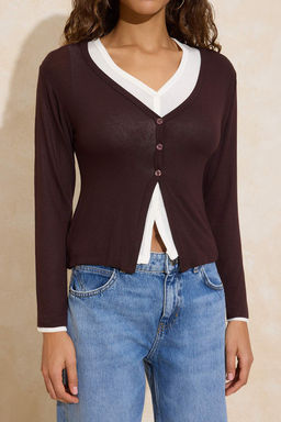 Kahverengi 2li Tak?m Fitted/Vucuda Oturan V Yaka Dugmeli Premium Yumusak Orme Bluz TWOSS26BZ00173 - Trendyolmilla фото 3