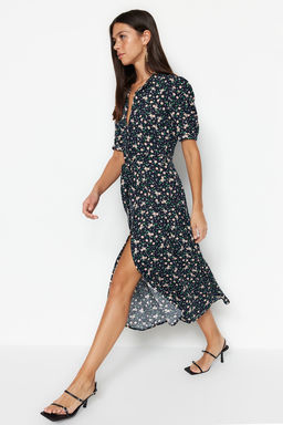 Siyah Cicek Desenli Y?rtmacl? Dokuma Gomlek Elbise TWOSS23EL02397