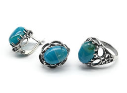 Кольцо Серьги с агатом тонированным, цв.голубой размер 18