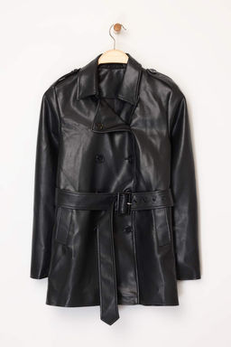 Siyah Suni Deri Kruvaze Regular Midi Trenckot TWOAW26TR00007 - Trendyolmilla фото 4