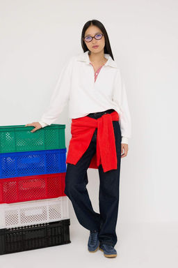 Teen Ekru Oversize/Genis Kal?p Patl? Polo Yaka Kal?n Orme Sweatshirt TWOAW26SW00008