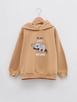 Kap??onlu Bask?l? Uzun Kollu K?z ?ocuk Sweatshirt