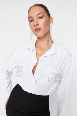 TRENDYOLMILLA Ekru Parlak Tasl? Genis Kal?p Dokuma Poplin Gomlek TPRAW23GO00012