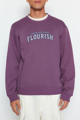 TRENDYOL MAN Lila Regular/Normal Kesim Yaz? Bask?l? Ici Polar/S?cak Tutan Sweatshirt TMNAW24SW00188 - Trendyolmilla фото 3